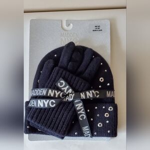 Madden NYC Rhinestone and Grommet Beanie Hat and Touch Screen Gloves New
